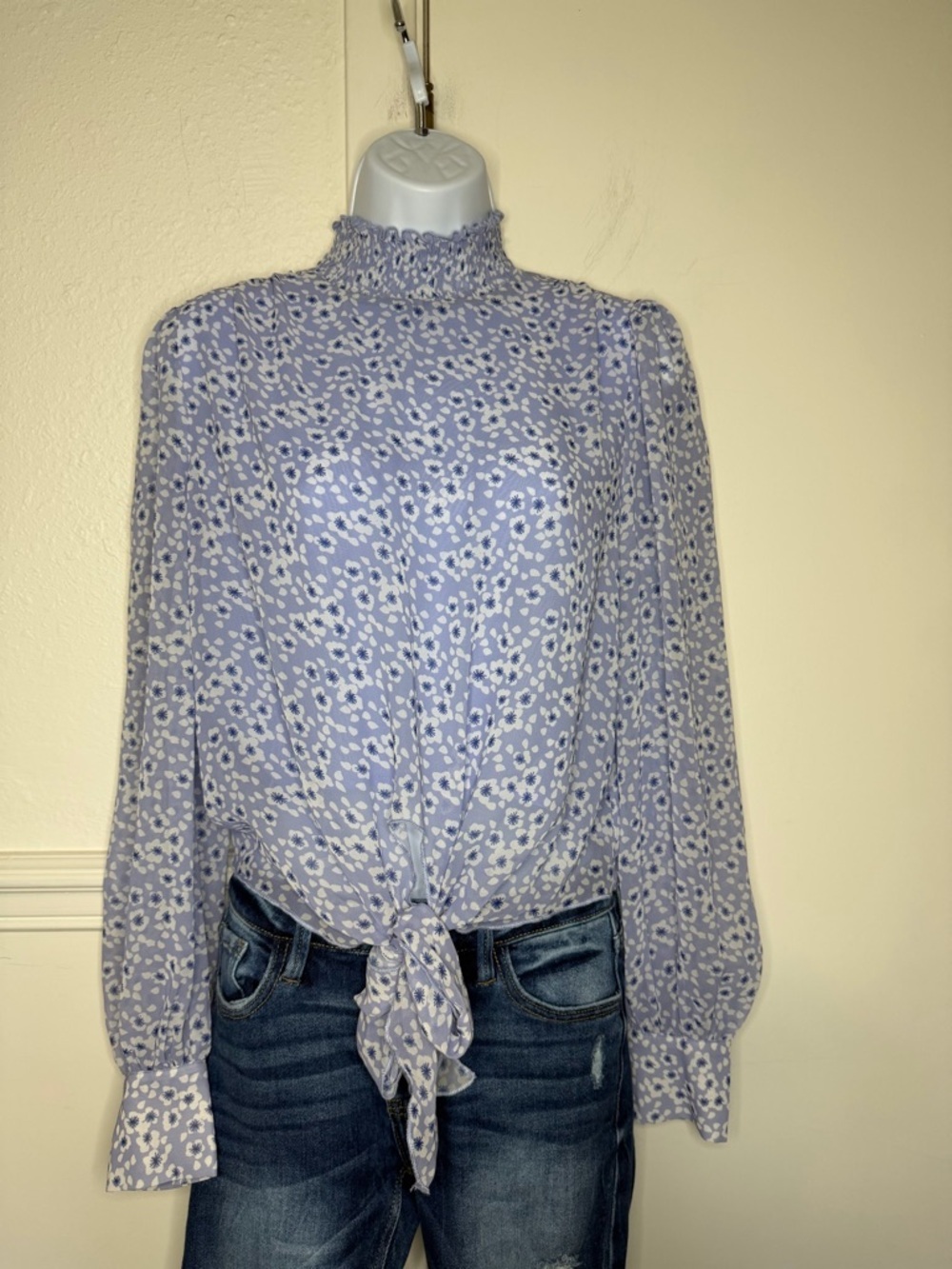 Lucy Paris Lavender Floral Smocked Tie-Front Blouse size M